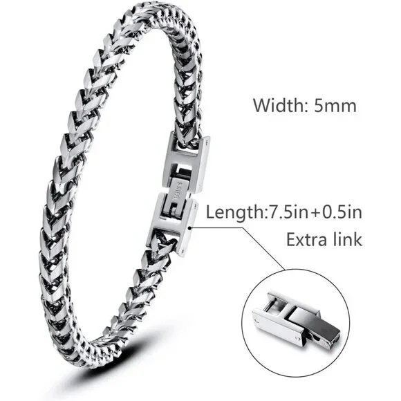 ⭐ Men's Stainless Steel Franco Chain Bracelet Fold Over Clasp 7-8 Inch